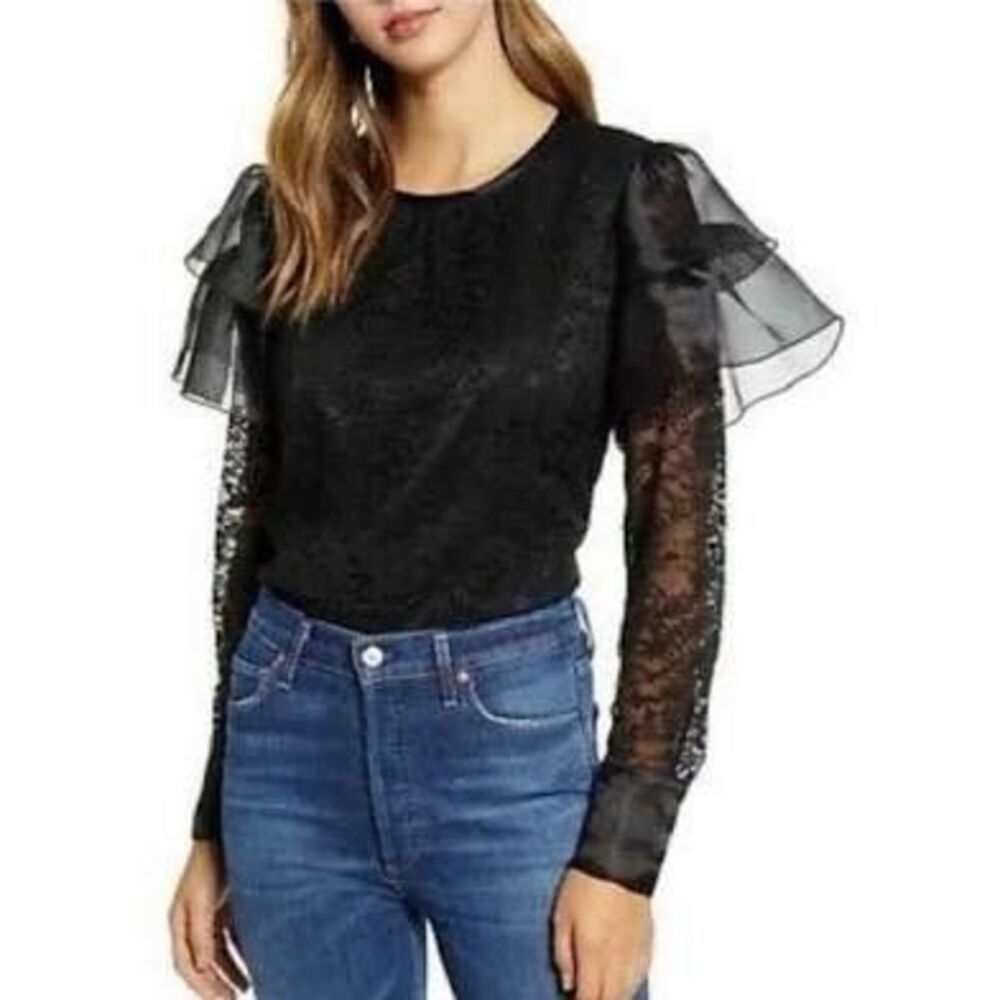 NWT Rachel Parcell‎ Black Lace & Organza Ruffle Sleeve Top Size S Whimsigoth